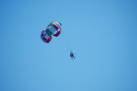 Parachutists flying in a pair under one dome against the background of a cloudless blue sky.