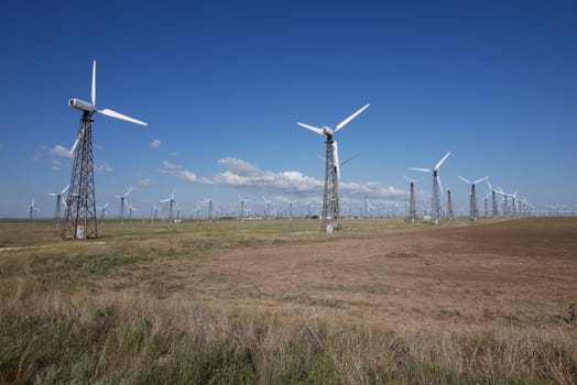 a large wind power plant with high white windmills in the plain