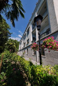 Flower bed with rose bushes and decorative hanging flowers in pots on the background of the building