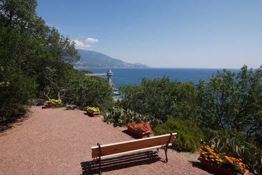 A magnificent view of the sea and the slope of the mountain with a resort infrastructure from a high bank with a bench with a growing number of broad-leaved coils and flowers in flowerpots.