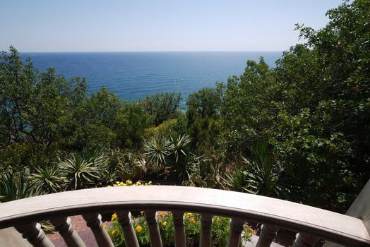 Balcony with panoramic views of the nearby exotic trees and the endless blue sea