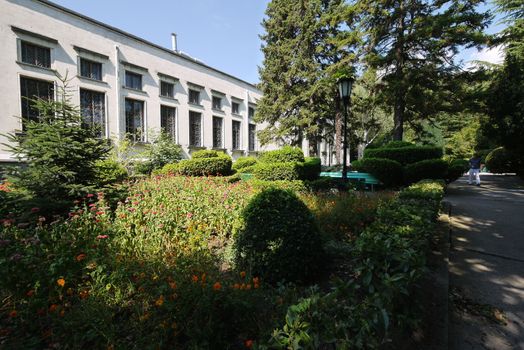 a flowerbed in the shade of trees near the building with barred windows and walking along the path