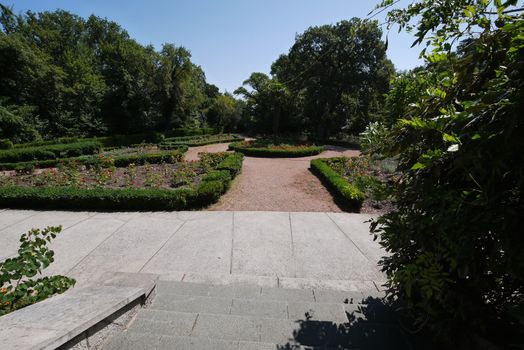 Tiled stairs leading to the park avenue with a huge number of decorative flower beds