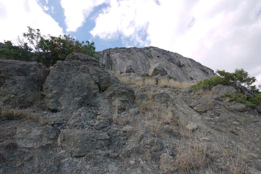 large stone cobbles scattered along a rocky mountain with dry grass and green bushes