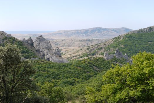 Mountain slopes are overgrown with greenery of trees on one side and absolutely clean without any vegetation on the other.