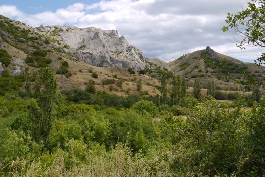 A beautiful landscape of a mountain slope with green vegetation and a stone top of one of them as if flowing from the mouth of a volcano.