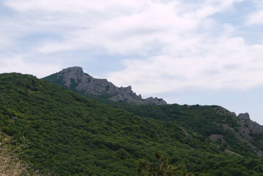 mountains covered with forests against the background of a cloudy sky