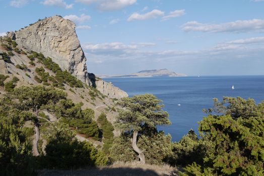 A magnificent landscape of the blue sea with rocks overgrown with bushes and trees with floating boats on water and white clouds in the sky above them.