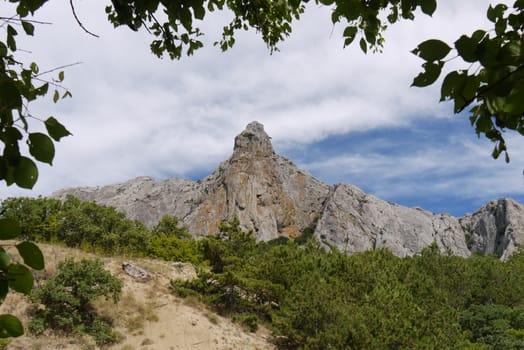 A wide rocky ridge with green trees at its foot against the blue sky with white clouds