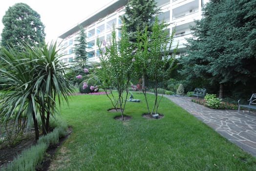 Holiday house against the background of a green park with beautiful ornamental plants and flowers