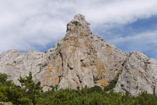 High steep rock cliff against the backdrop of beautiful green trees and blue sky