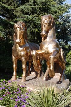 A monument to the sun shining in the sun with two horses made of copper standing on a rock in a park next to flowers and a high spruce tree with loose branches.