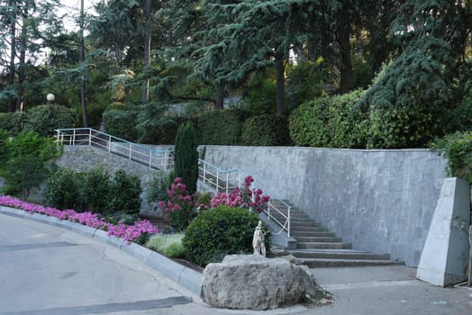 Stone steps with handrails, going up the slope with beautiful decorative plants