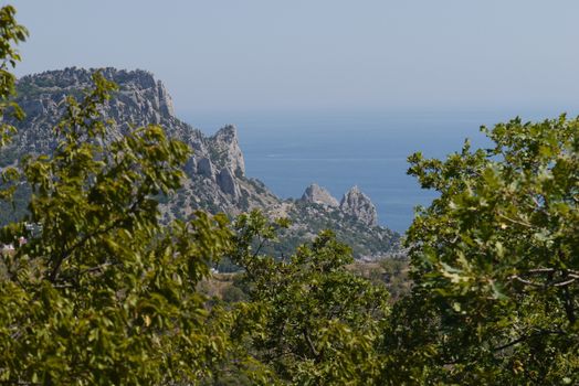 grass slopes on the background of high steep cliffs and the boundless black sea