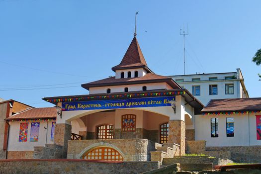 beautiful cafe in an ancient style on the background of blue sky