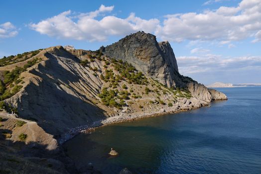 the bay of the black sea against the background of the Crimean mountains. Walking on a boat