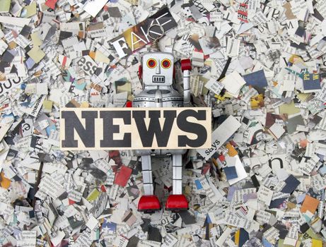 fake news robot on newspaper confetti