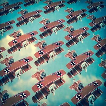 world war one red  german bi plains  flying  in formation