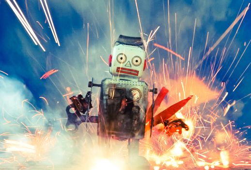  little blue  robot  in a big  explosion  