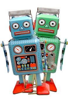 two fun robots blue and green  isolated 