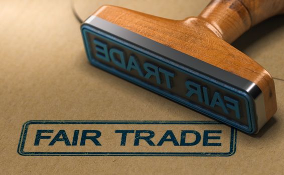 3D illustration of a rubber stamp with the word fair trade stamped on paper background.