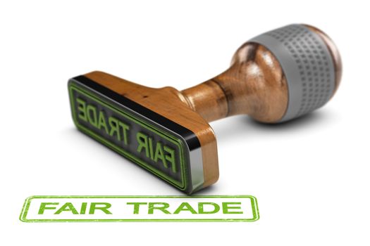 3D illustration of a rubber stamp with the word fair trade stamped over white background.