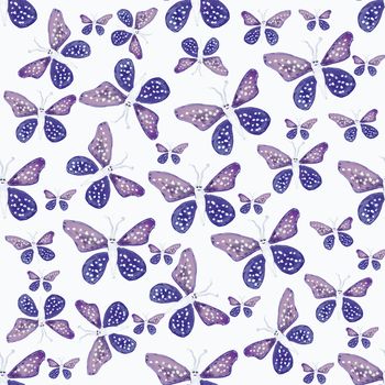 Hand draw butterflies motif seamless pattern design in cold colors against white background.