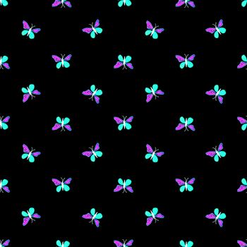 Hand draw butterflies motif seamless pattern design in cold colors against black background.