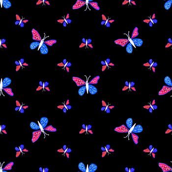 Hand draw butterflies motif seamless pattern design in red and blue colors against black background.