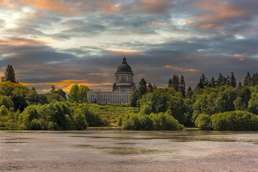 Sunrise over Capitol Lake and Building in Olympia Washington State