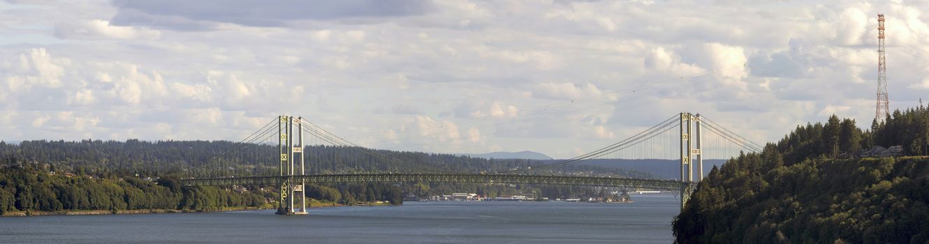 Tacoma Narrows Bridge over strait of Puget Sound connecting Tacoma and Kitsap Peninsula daytime scenic view panorama