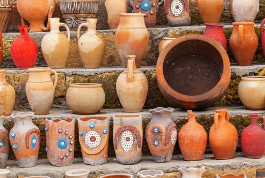 Assortment of turkish pottery in street market