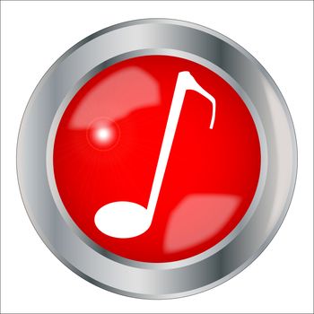 A large red music note button over a white background