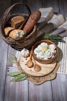 Russian national food with vegetables on an old wooden desk
