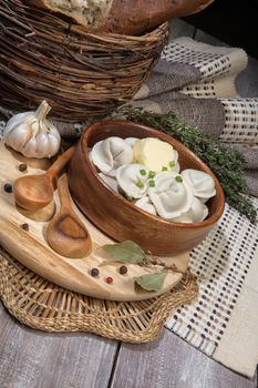 Russian national food with vegetables on an old wooden desk