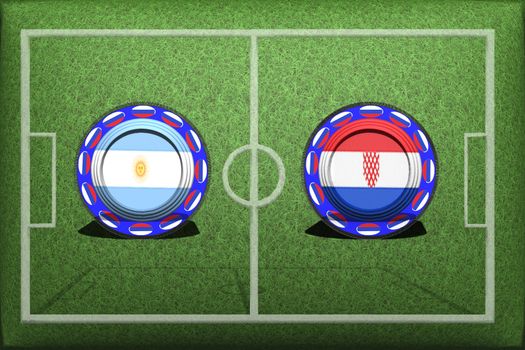 Football, World Cup 2018, Game Group D, Argentina - Croatia, Thursday, June 21, Button with national flags on the green grass.