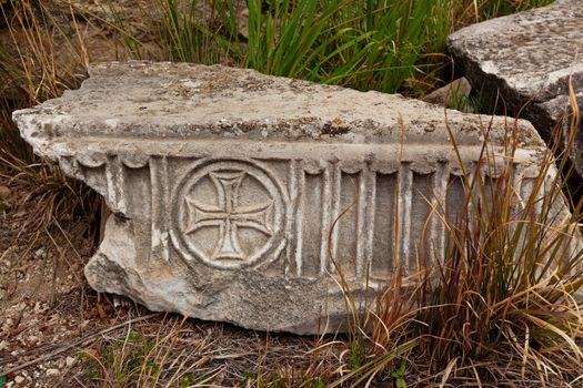 Marble plate with old christian symbols in ancient city Hierapolis near Pamukkale, Turkey