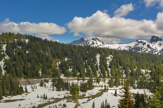 Mount Rainier National Park with snow covered Tatoosh Range scenic view in Washington State