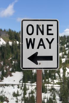 One Way road sign along highway in Mt Rainier National Park Washington State