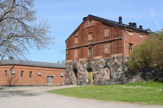 Historic ballast room built from stone and red brick on Suomenlinna island, Finland