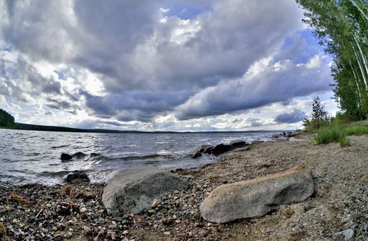 rocky shore of the lake, the southern Urals, lake Uvildy