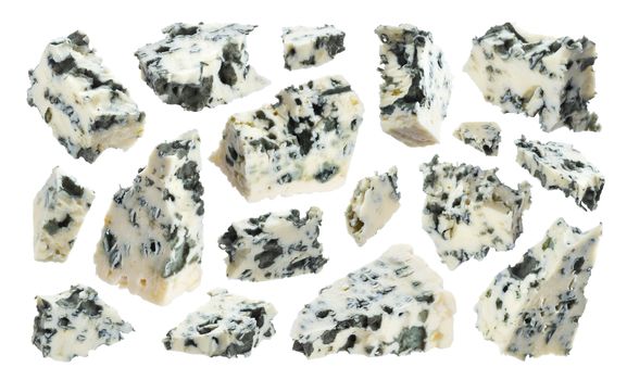 Danish blue cheese isolated on white background with clipping path. Collection