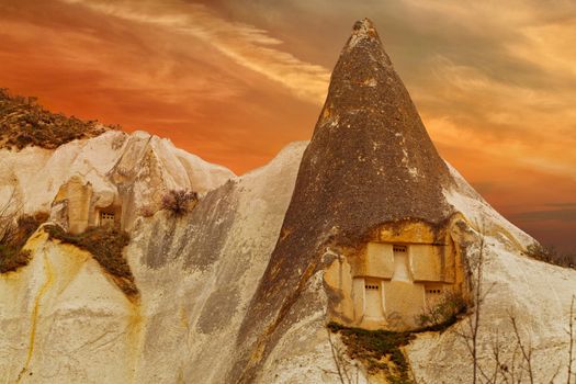 Beautiful stone cliffs in valley named Rose valley near Meskendir, Goreme, Turkey