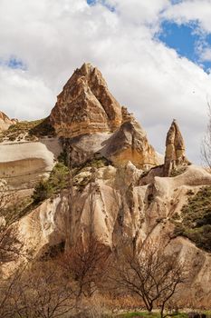 Beautiful stone cliffs in valley named Rose valley near Meskendir, Goreme, Turkey