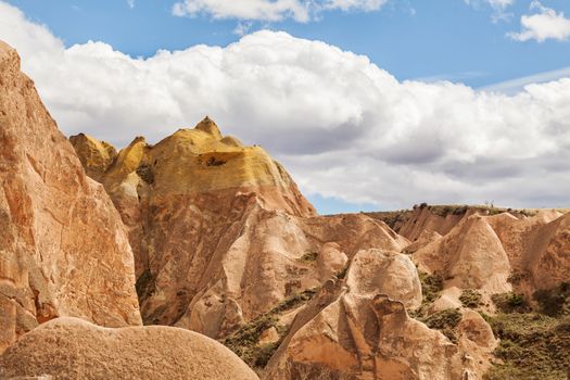 Beautiful stone cliffs in valley named Rose valley near Meskendir, Goreme, Turkey