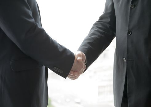 Two businessmen shaking hands standing by windows in office