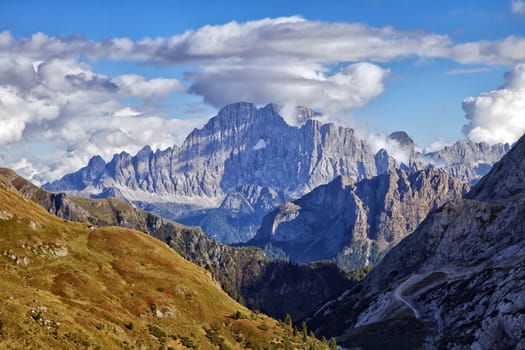 Dolomites landscape with view of the Marmolada mountain