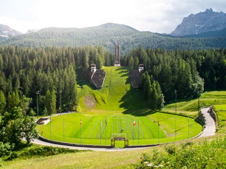 Old abandoned ski jump in Cortina d'Ampezzo. Dolomites, Italy.