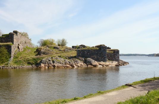 Thick defensive stone walls on the fortress island of Suomenlinna, Finland