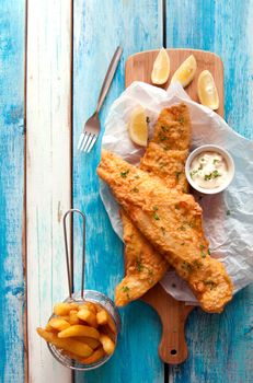 Traditional battered fried fish with chips